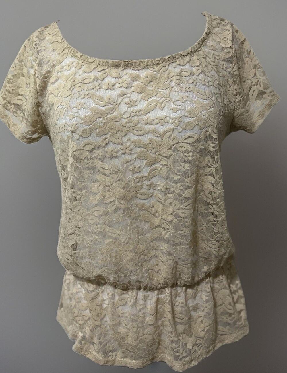 Y2K Fang Womens XL Beige Floral Peplum All Lace Cap Sleeve Top Femme Romantic